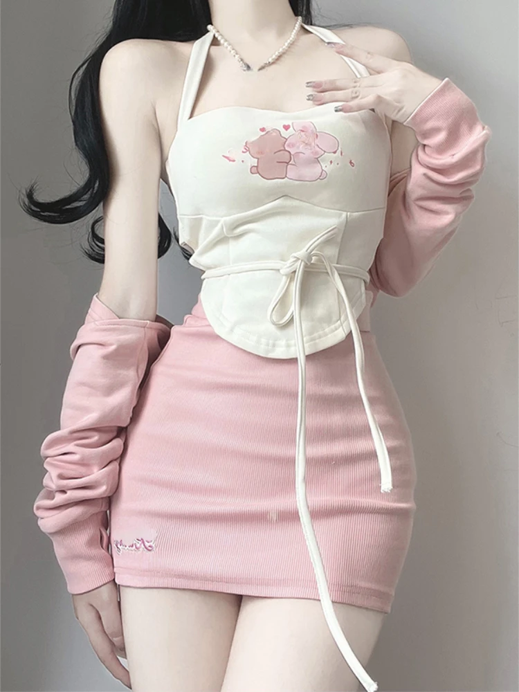 

Autumn Kawaii Lolita Three Piece Set Women Pink Knitted Cardigan Cute Crop Top Sweet Mini Skirt Lorean Style Elegant Skirts Suit