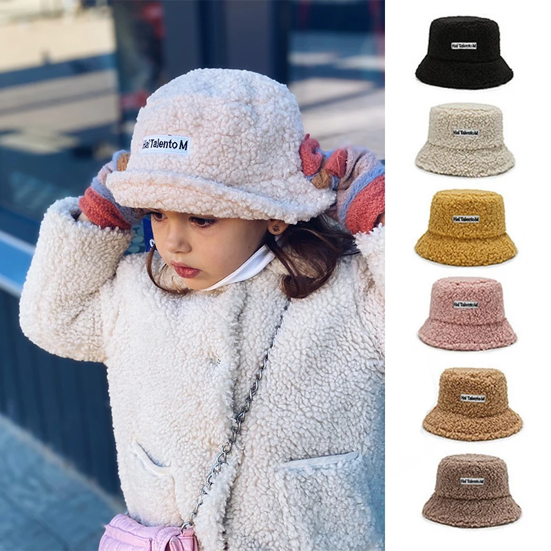 Lamb Wool Winter Baby Girl Boy Bucket Hat Cute Letter Kids Fisherman Caps Solid Flat Top Children Outdoor Thick Warm Sun Cap