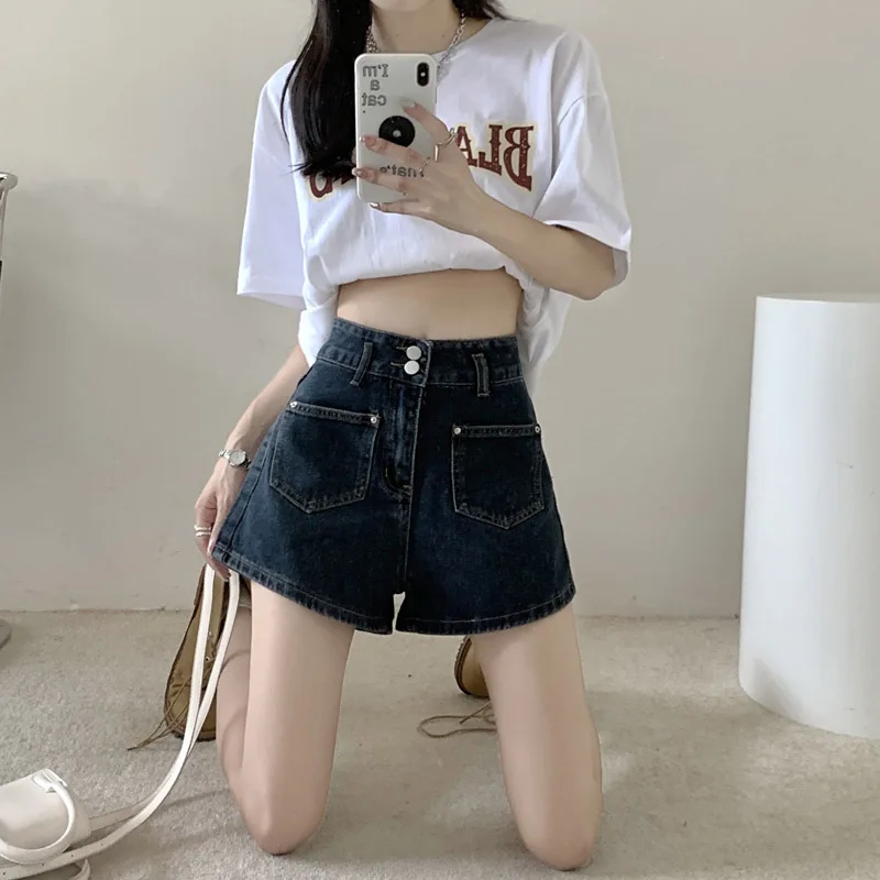 Heard Future 2023 Spring Summer Shorts Women High Waisted Blue Gray Straight Wide Pants Denim Short Korean Version Loose Commute
