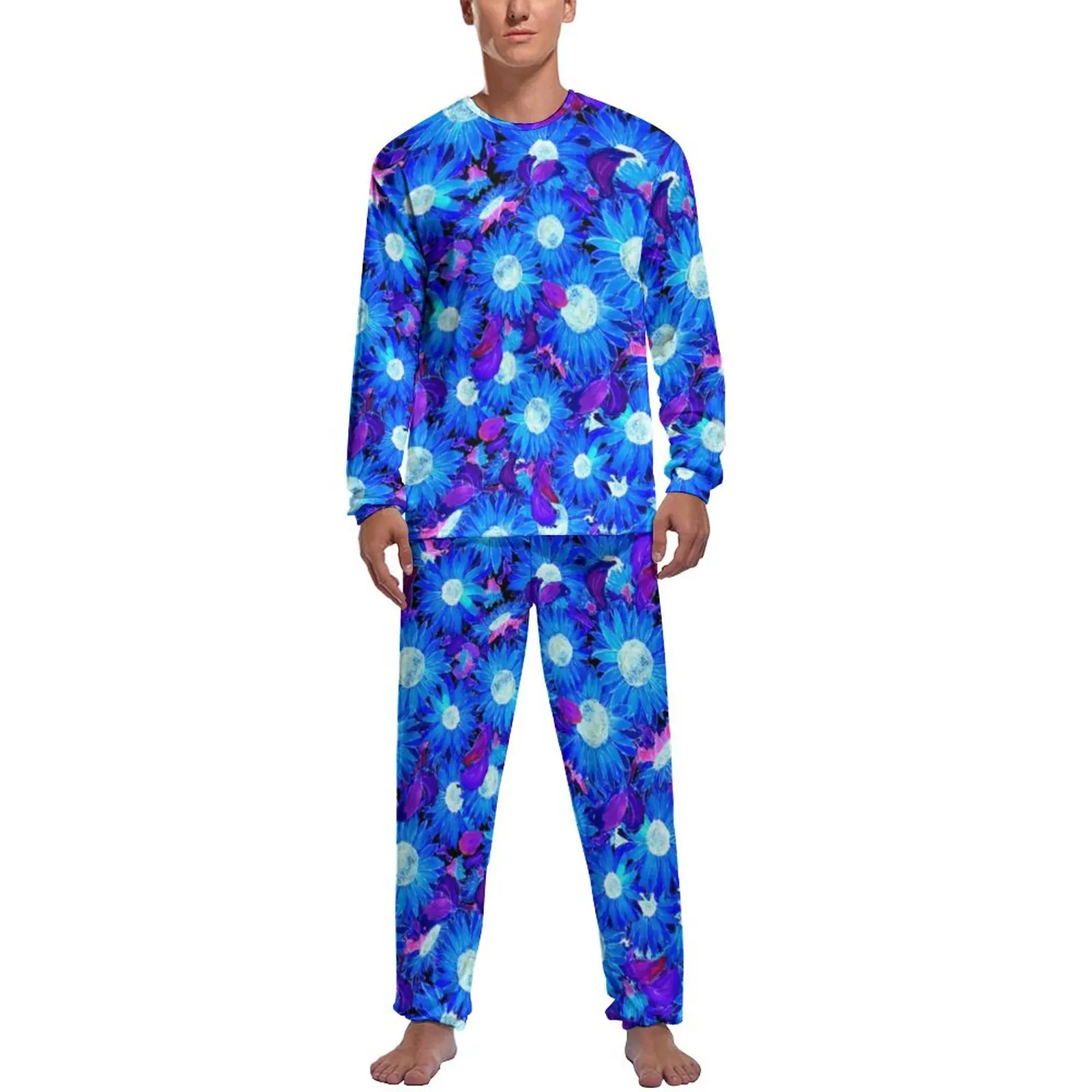 Blue And Purple Sunflower Pajamas Daily 2 Piece Floral Print Kawaii Pajamas Set Male Long-Sleeve Casual Graphic Sleepwear