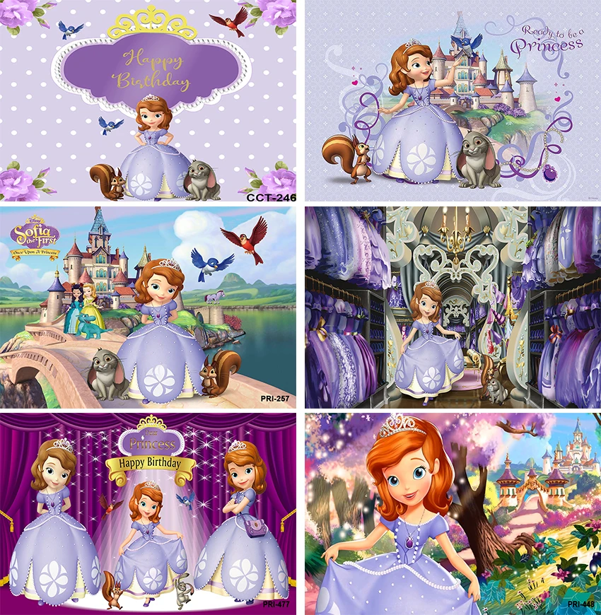 

Purple Dress Princess Sofia Backdrops Flowers Birds Rabbit Girls Newborn Baby Shower 1st Birthday Party Photography Background