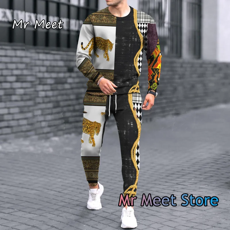 New Spring Autumn Men's Luxury Pattern Tracksuit Casual T-Shirt Pants Set Fashion Jogging Suit Male Vintage Outfit Clothing
