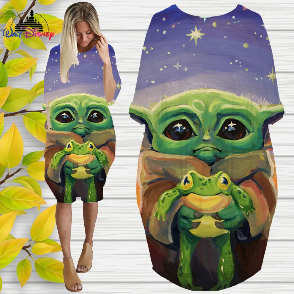 

Baby Yoda Disney 3D High Quality Printing Girl Trend Wild Loose Long Sleeve Over The Knee Dress Womens