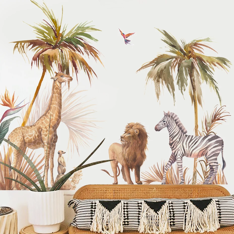 

African Lion Giraffe Wild Zebra Animals Tropical Tree Wall Sticker Nursery Removable Vinyl Wall Decals Kids Room Home Decor