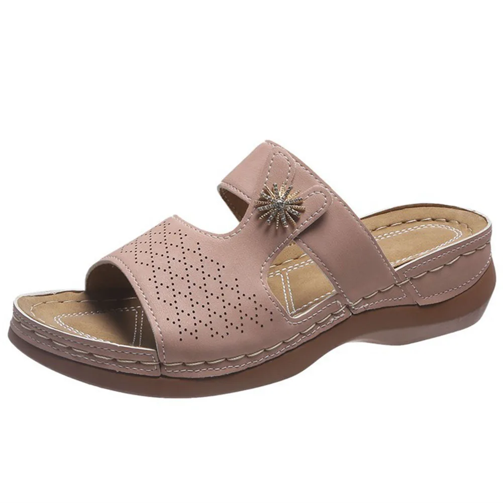 Hollow-Out Mid Heel Slippers With Rhinestone Flower Wear-Resistance Non-Slip Shoes For Beach Party