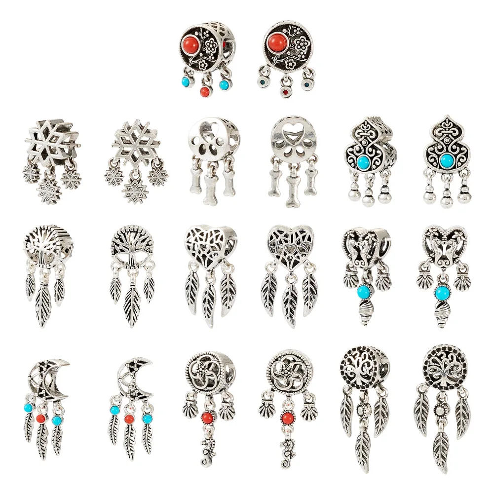 

20Pcs Tibetan Style Alloy European Dangle Charms Large Hole Pendants Heart Moon for Jewelry Making DIY Bracelet Home Decoration