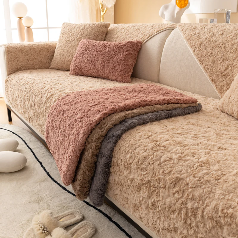 

Современный минималистичный зимний чехол для дивана, пылезащитная ткань, однотонная зимняя короткая плюшевая подушка, полная упаковка, нескользящий утолщенный чехол для дивана