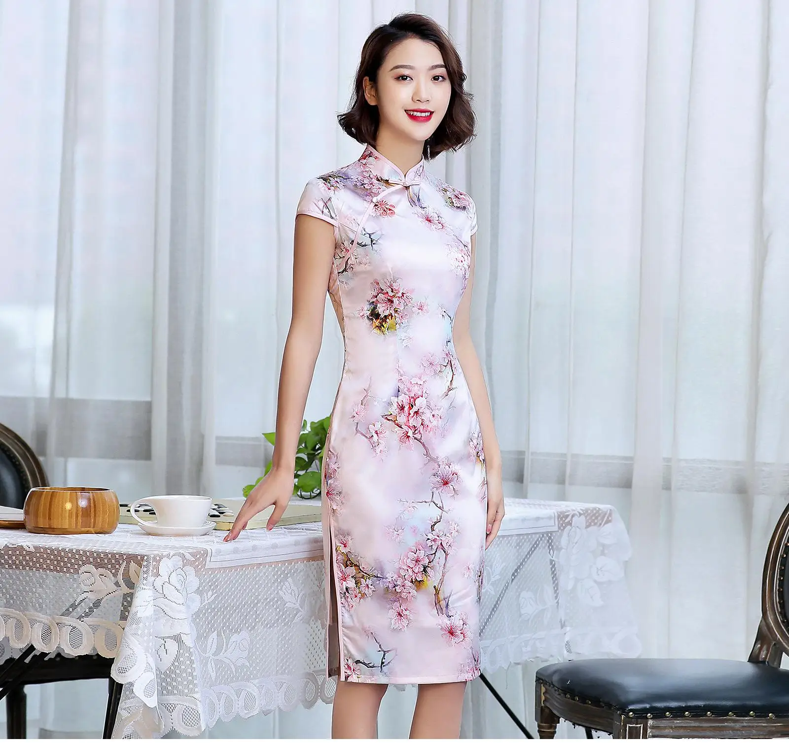 

Chinese Print Women Qipao Skirt Elegant Slim Mid Length Satin Cheongsam Straight Dresses Retro Mandarin Collar Banquet Prom Gown
