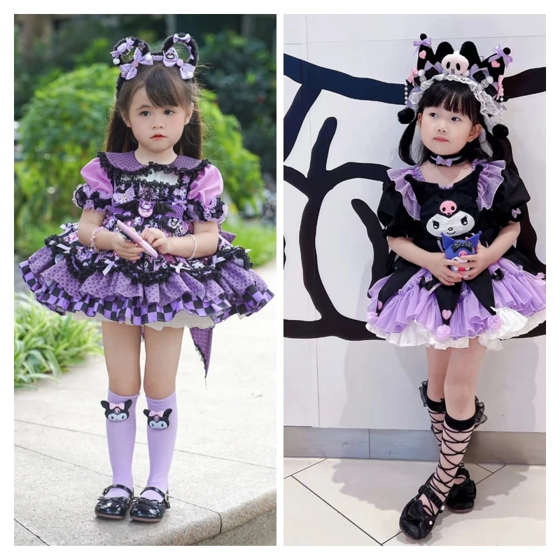 

Платье для девочек Sanrios, милое детское пушистое платье принцессы Kawaii Kuromi, мультяшное милое платье с коротким рукавом в стиле "Лолита", детский подарок на день рождения