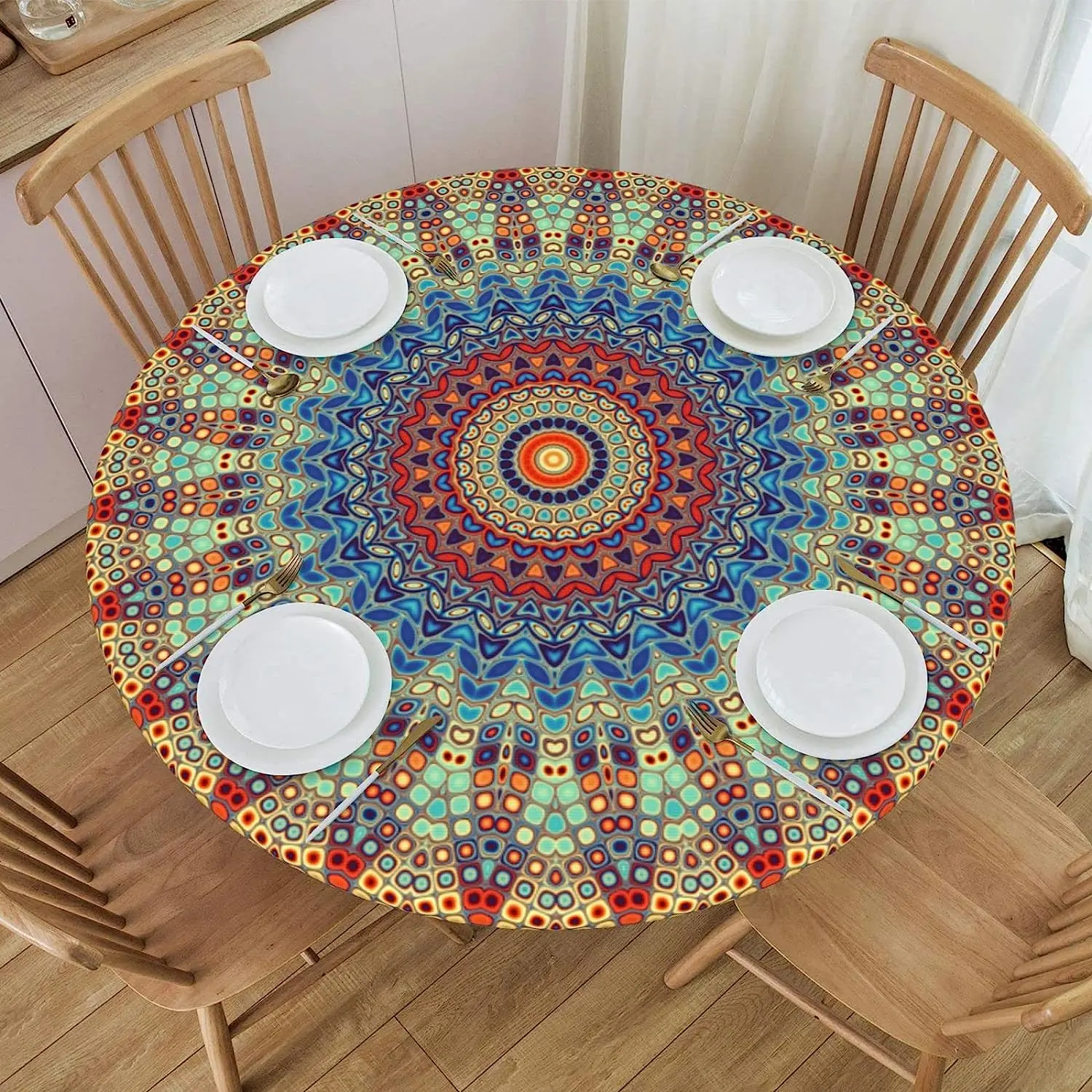 

Mandala Print Round Tablecloth Fitted Elastic Classical Waterproof Round Table Cover for Kitchen Dining Picnic Party Outdoor