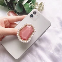 ins 3d pink pearl phone stand diamond foldable telescopic phone grip for iphone samsung xiaomi phone accessories