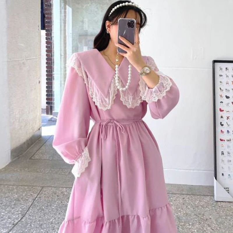 

Clothland Women Sweet Black Pink Lace Midi Dress Sashes High Waist A Line One Piece Cute Chic Dresses Vestido Mujer QB540