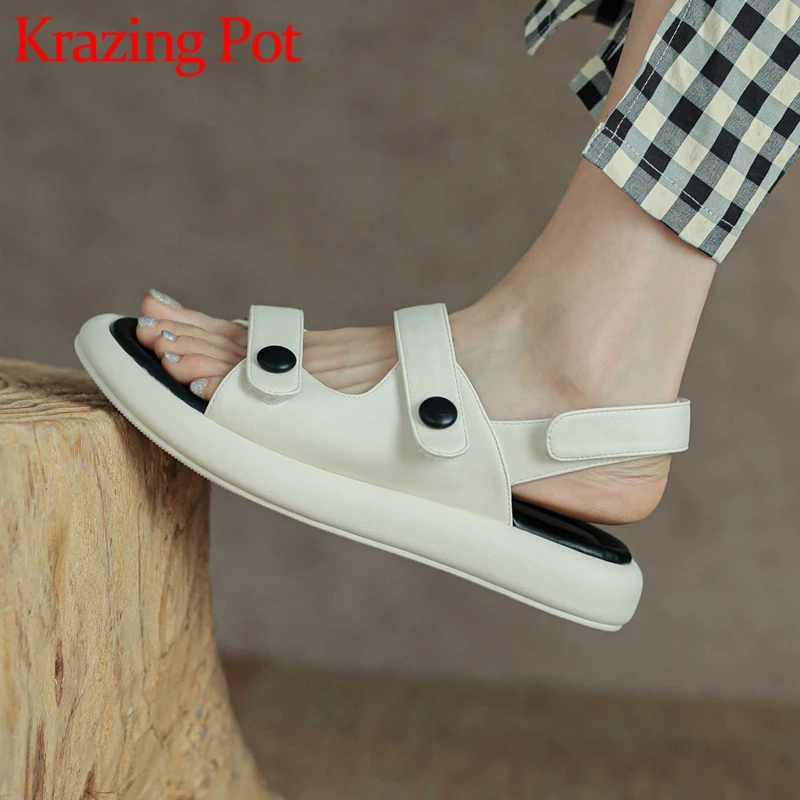 

Krazing Pot Sheep Split Leather Peep Toe Thick Bottom Soft Comfortable Young Lady Daily Wear Casual Handmade Women Sandals L53