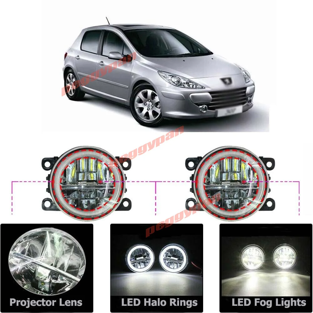 

New LED Fog Light Kit Angel Eye Rings HD Glass Lens DRL Daytime Running Lamp Fit For Peugeot 307 2002-2008