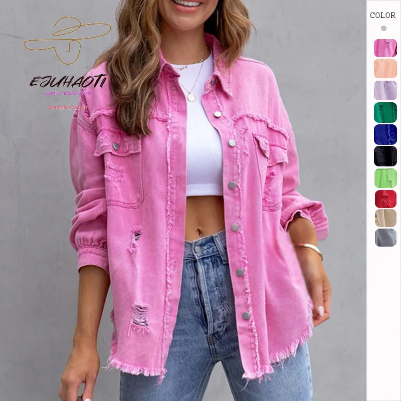 

Womens Denim Jacket New Ripped Coat Ladies Autumn Loose Casual Lapel Tops Fashion Street Trendsetters Girl Clothes Free Shipping