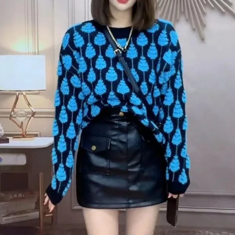 Осенне-зимний женский свитер с длинными рукавами-фонариками и геометрическим