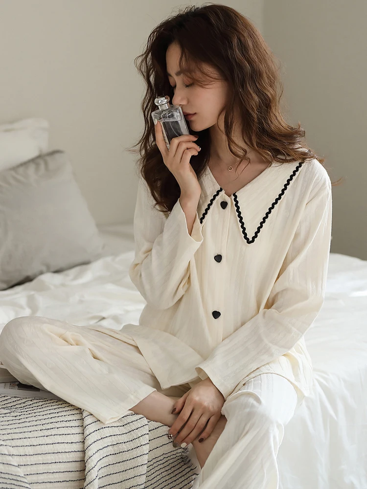 New Spring 100% Cotton Women Pajams Set White Sleepwear Lace Design Home Clothes Pijama Femme Hombre Pyjama Nightgown For Ladies