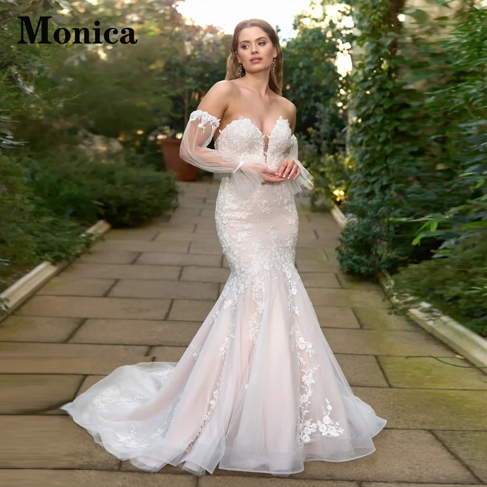 

MONICA Charming Backless Wedding Dresses For Women Flare Sleeves Deep V-Neck Mermaid Appliques Court Train Tulle Customised