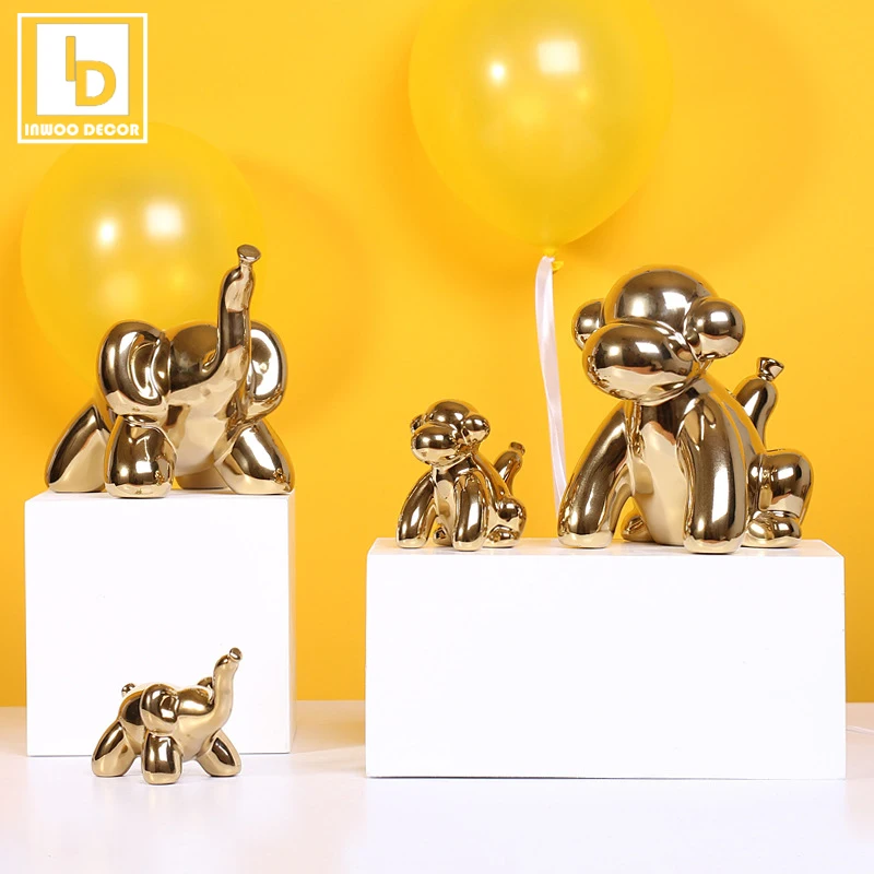 

Gold Golden Monkey Ape Elephant Dog Rabbit Figurine Ceramics Balloon Animals Sculpture Desk Ornament Nordic Home Room Decoration