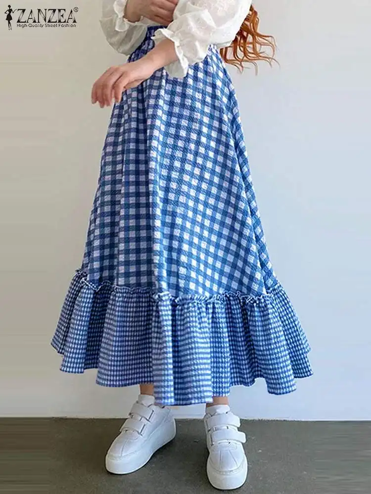 

ZANZEA Holiday Beach Flare Stitching Faldas Fashion Plaid Maxi Skirt Women Elastic High Waist Jupes Casual Loose All-match Skirt