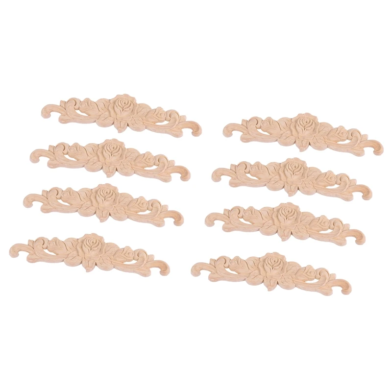 

HOT SALE 8Pcs 20 X 5Cm Rubber Wood Carved Long Onlay Applique Unpainted Rose Flower Door Home Decor European Style