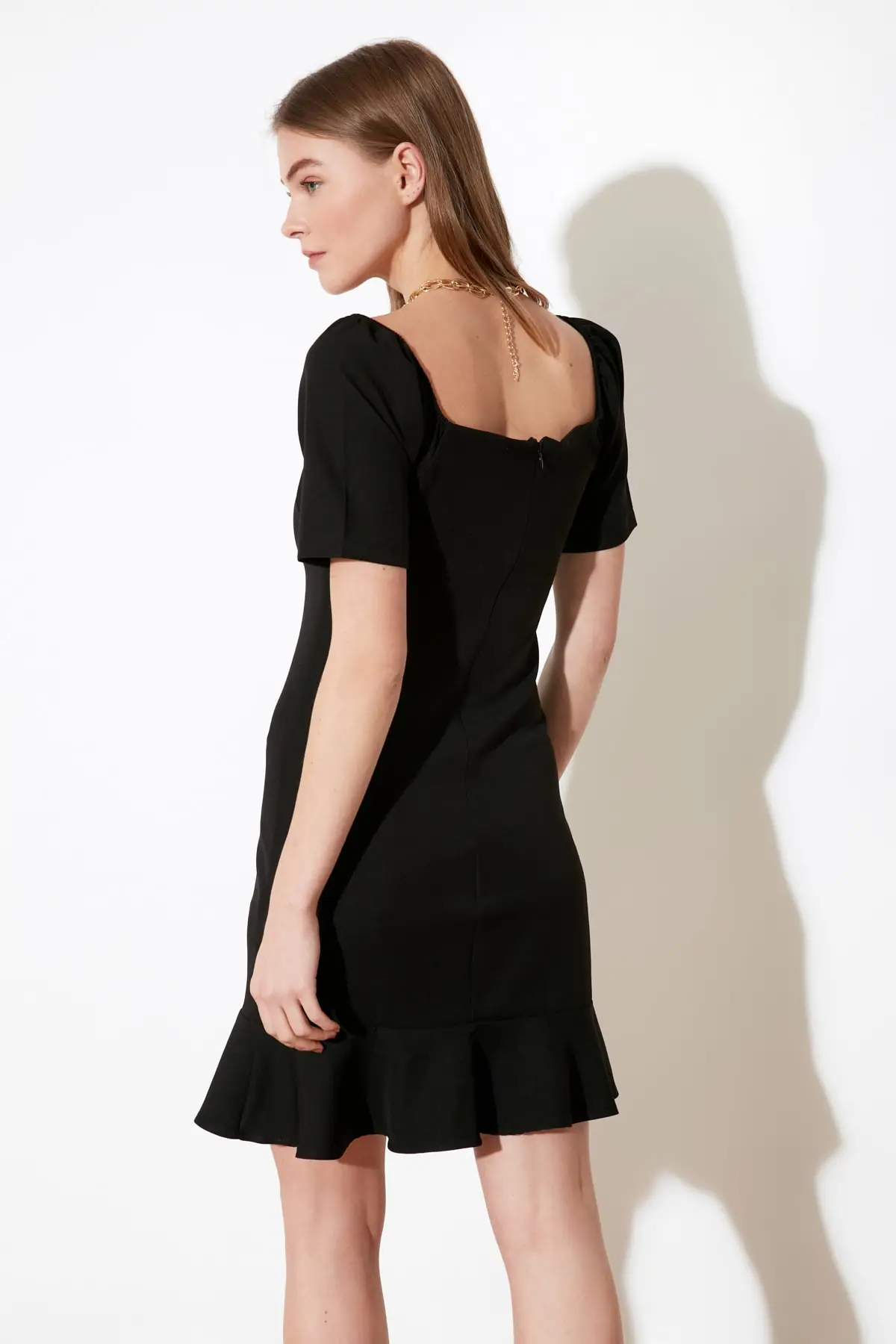 

Black Flounces Dress TWOSS20EL0399 Classic Mini Bodycon Short Sleeve Woven Finike Solid Color Square Collar