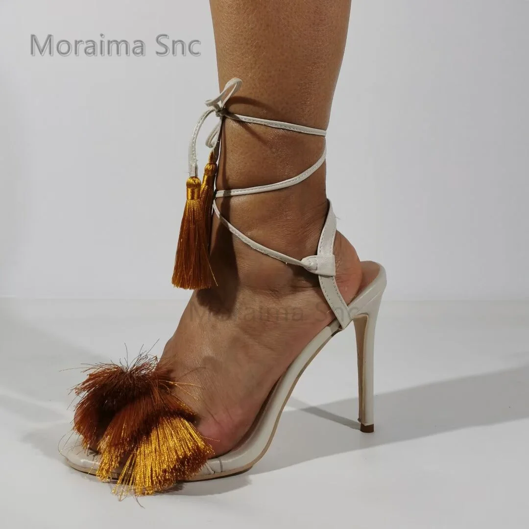 Tassel High Heels Strappy Sandals for Women Summer Stiletto Fashion Ankle Strap Open Toe Ladies Shoes White Wedding Shoe Bride