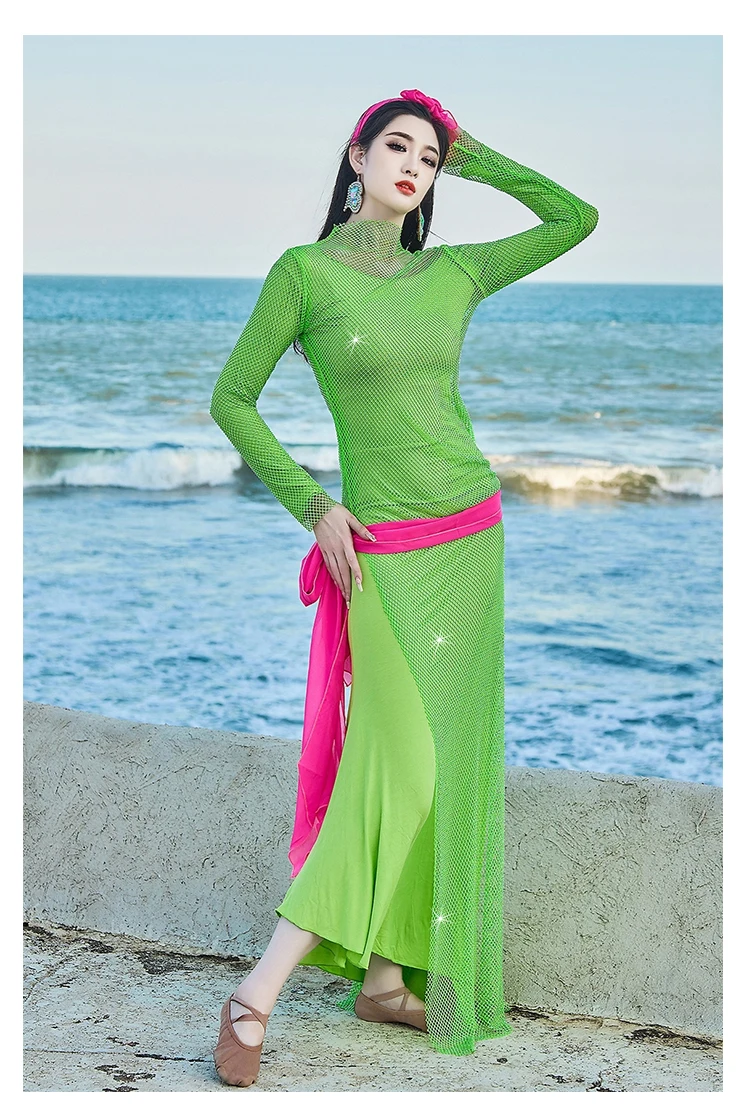 Новая одежда для танца живота удобное платье с длинными рукавами + бриллиантами