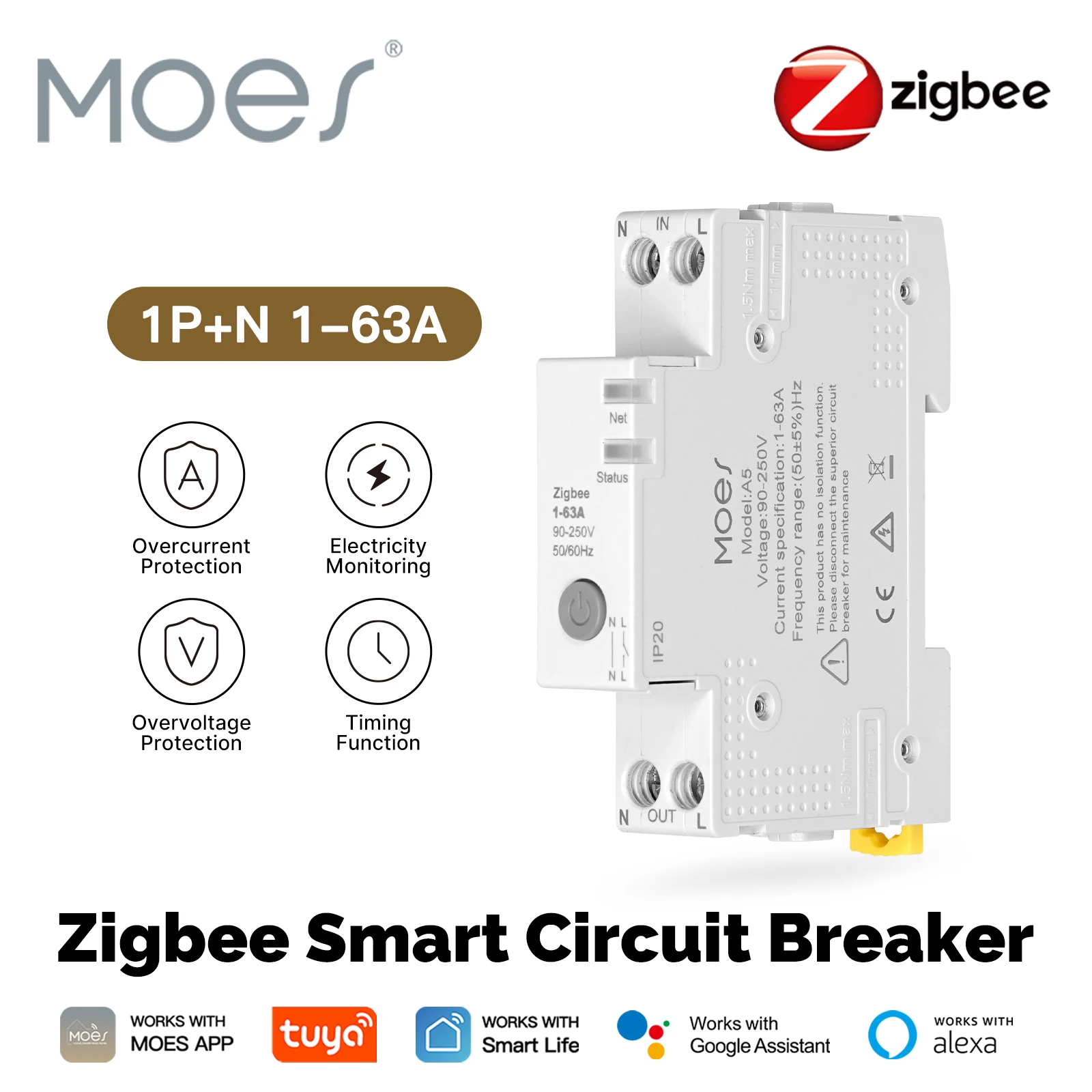 

MOES Tuya Zigbee 63A Circuit Breaker Smart Electricity Monitor V0 Fireproof Retardant Alarm Threshold Set APP Control With Alexa