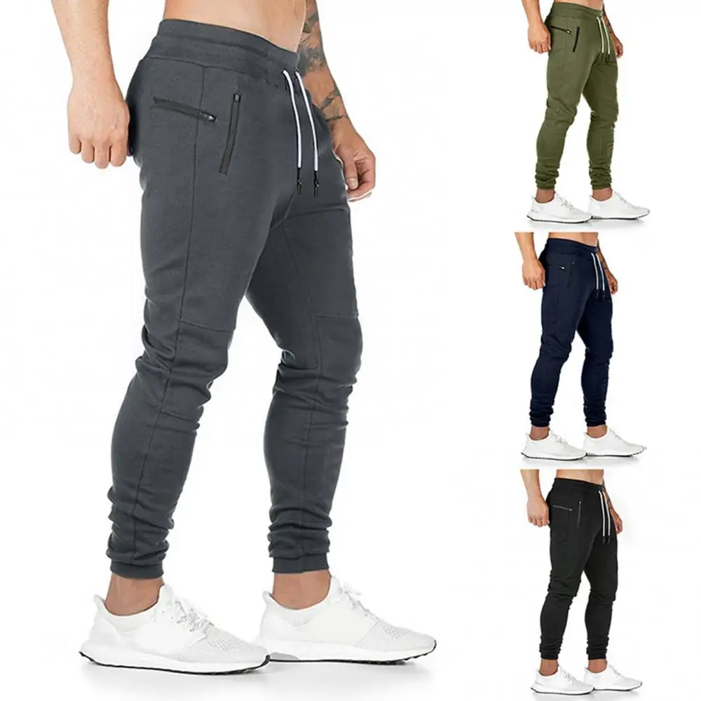 

Tight Drawstring Pants Sportswear Pockets Men Autumn Winter Tights Zip Gym Trousers