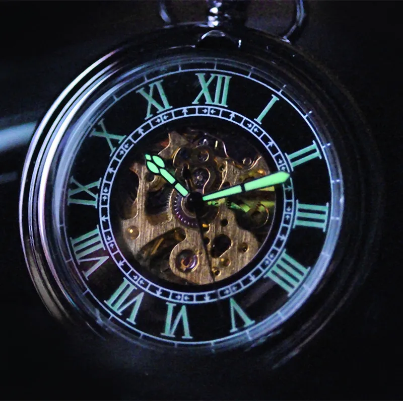 Luxury Mechanical Luminous Hands Pocket Watch for Men Women Skeleton Roman Numeral Dial Fob Chain Pendant Clock for Collection