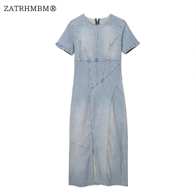 

ZATRHMBM Women 2023 Summer Fashion Denim Midi Dress Vintage Short Sleeve Split Casual Female Dresses Vestidos Mujer