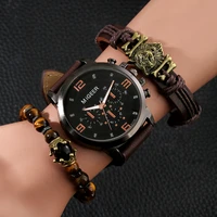 3pcs new male watch luxury casual business quartz wrist watch for men brown leather braided bracelet set men original gifts