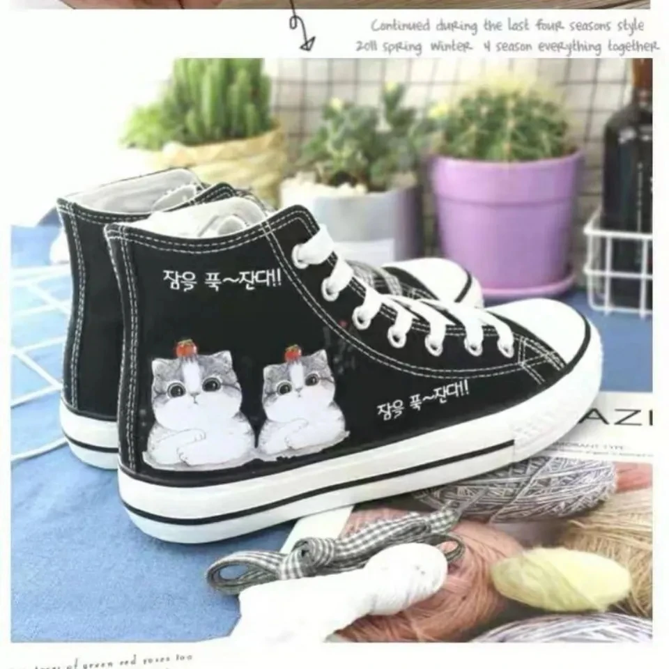 White Black Canvas Sneakers 2023 Fashion Korea Style Cartoon Cute Cat  Female Sneakers Casual Students Daily Wear Women Footwear