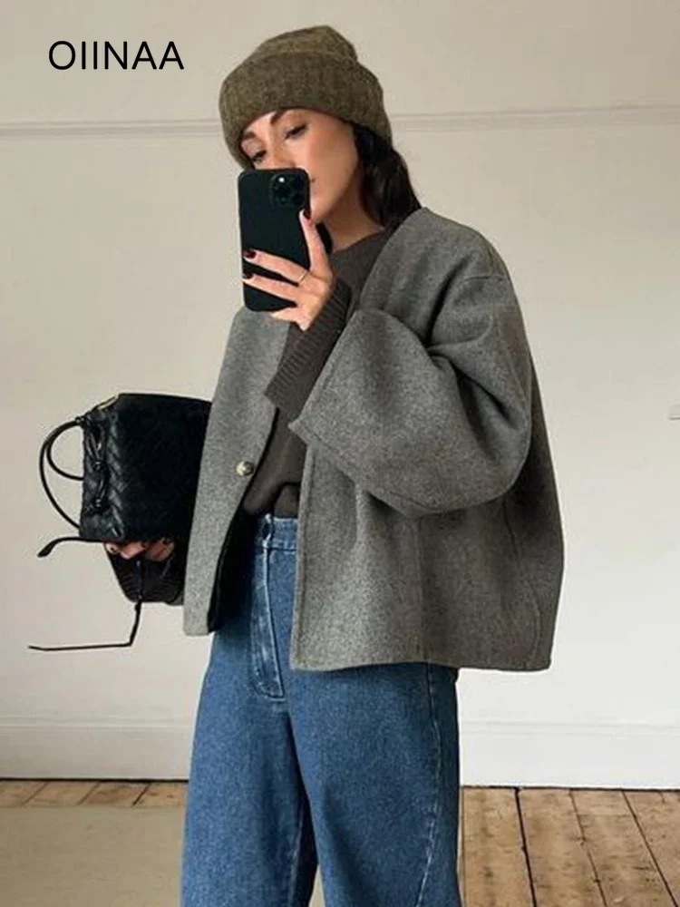 OIINAA твидовая куртка для женщин пальто серые на одной пуговице с длинным рукавом