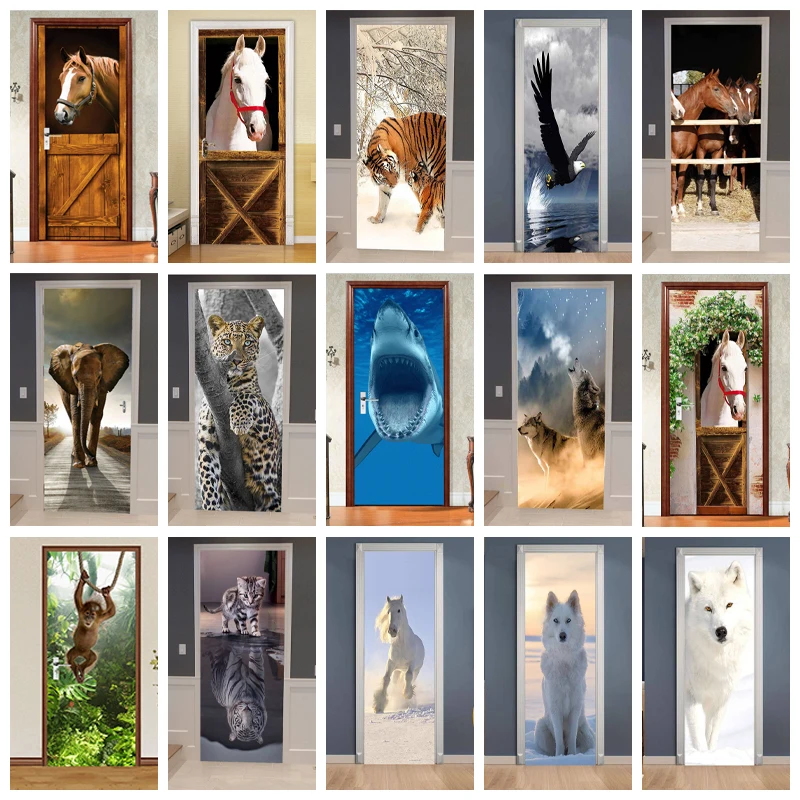 Creative Jungle Animal Door Stickers Self Adhesive 3D Removable Door Wallpaper Murals Vinilos Para Puertas Door Refurbishment