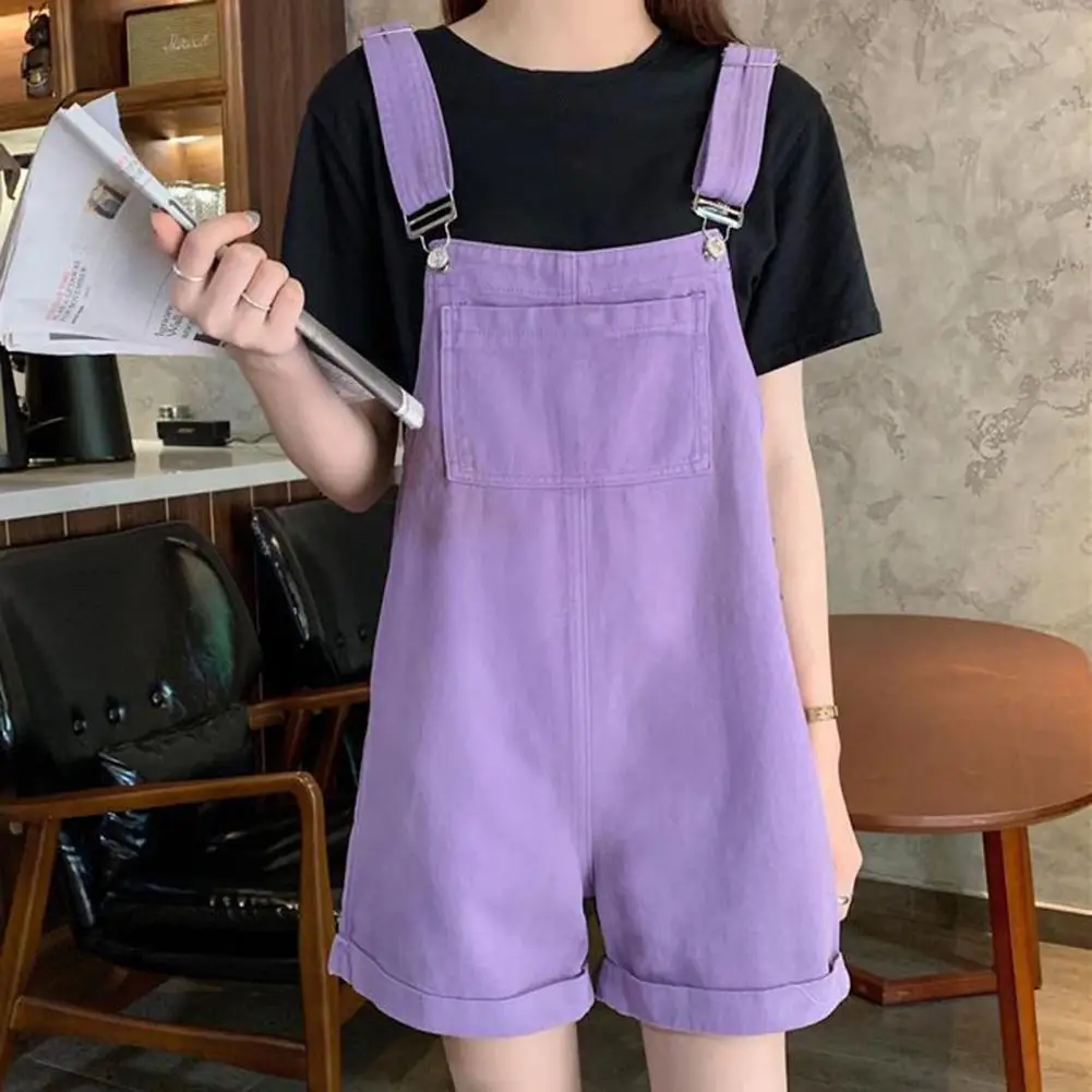 

Stylish Big Pocket Sleeveless Adjustable Straps Jumpsuit Solid Color Suspender Women Wide Legs Denim Bib Overalls Streetwear