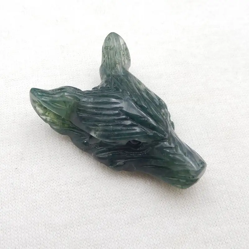 Natural Stone Moss Agate Handcarved Wolf Head Pendant Bead 38x25x13mm 12g Semiprecious Fashion Jewelry Necklace Accessories