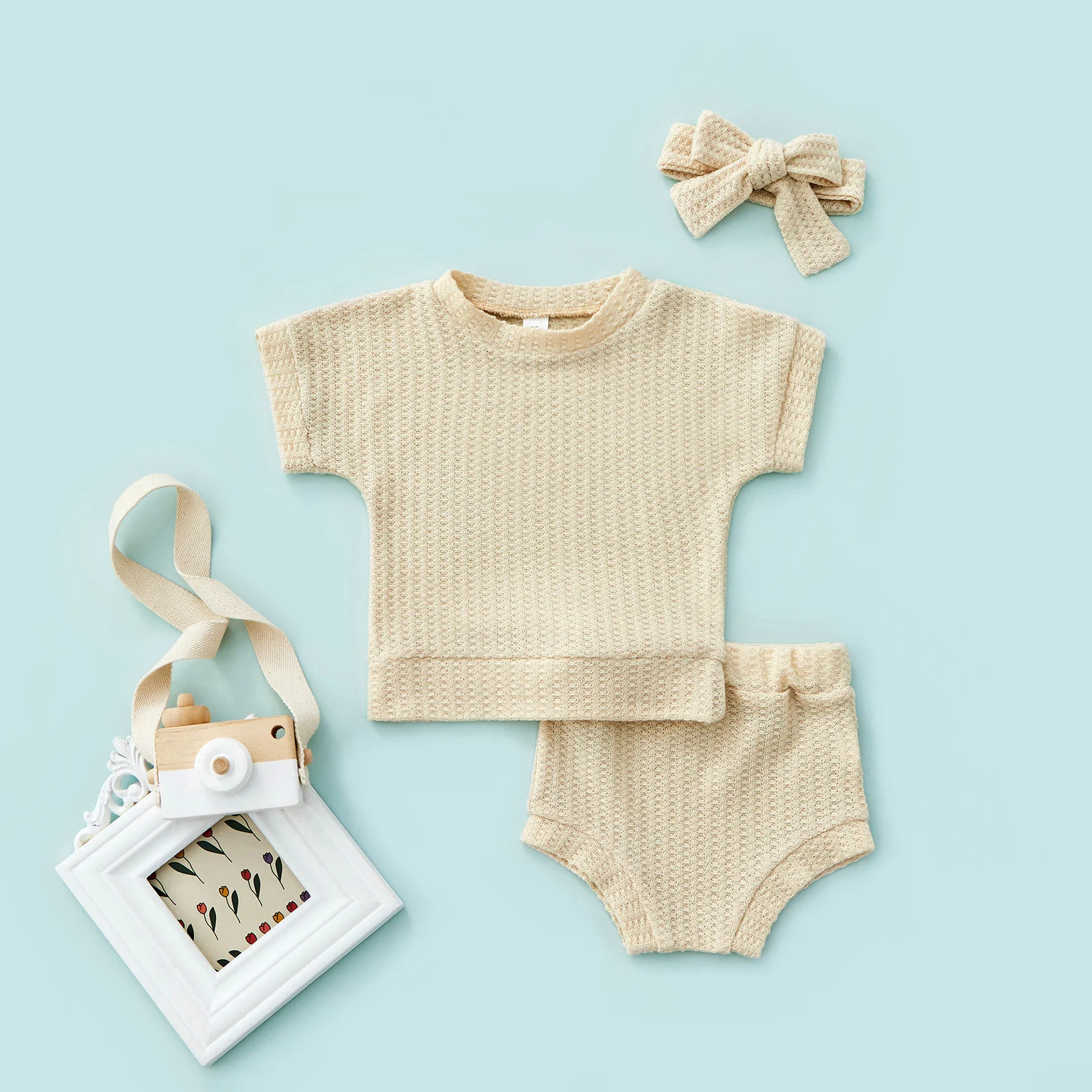 

Newborn Set Toddler Girls New Born Infant Solid Color Outfit Short Sleeve Top Shorts Headband Baby Clothing