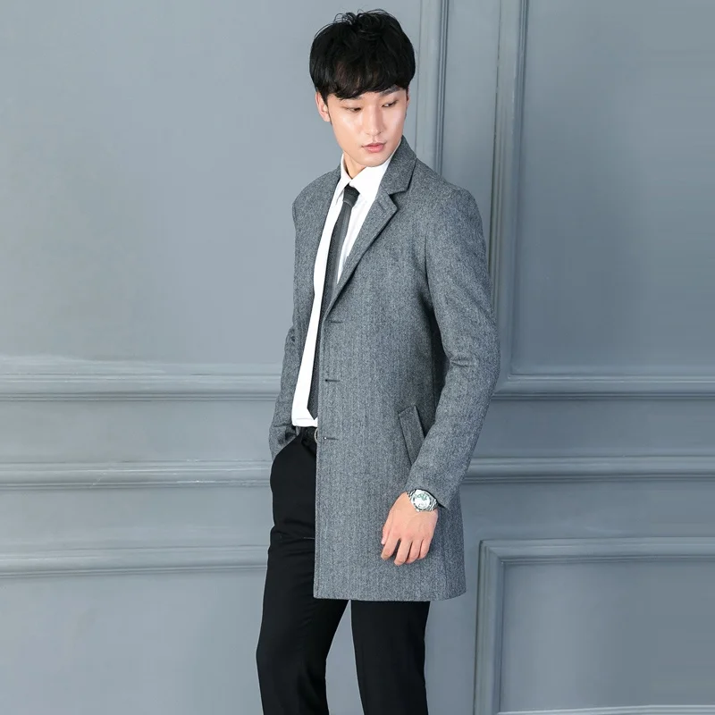 

Новое мужское шерстяное пальто на осень и зиму, облегающая однобортная корейская одежда средней и длинной длины, мужская куртка, ветровка