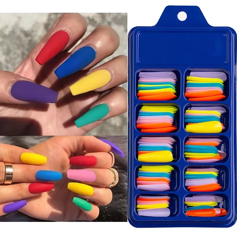 

100 Pieces Candy Color False Nail Wearable Full Cover Solid Color Pointed False Nail Stickers Long Ballerina Blue Pink Nail Tips