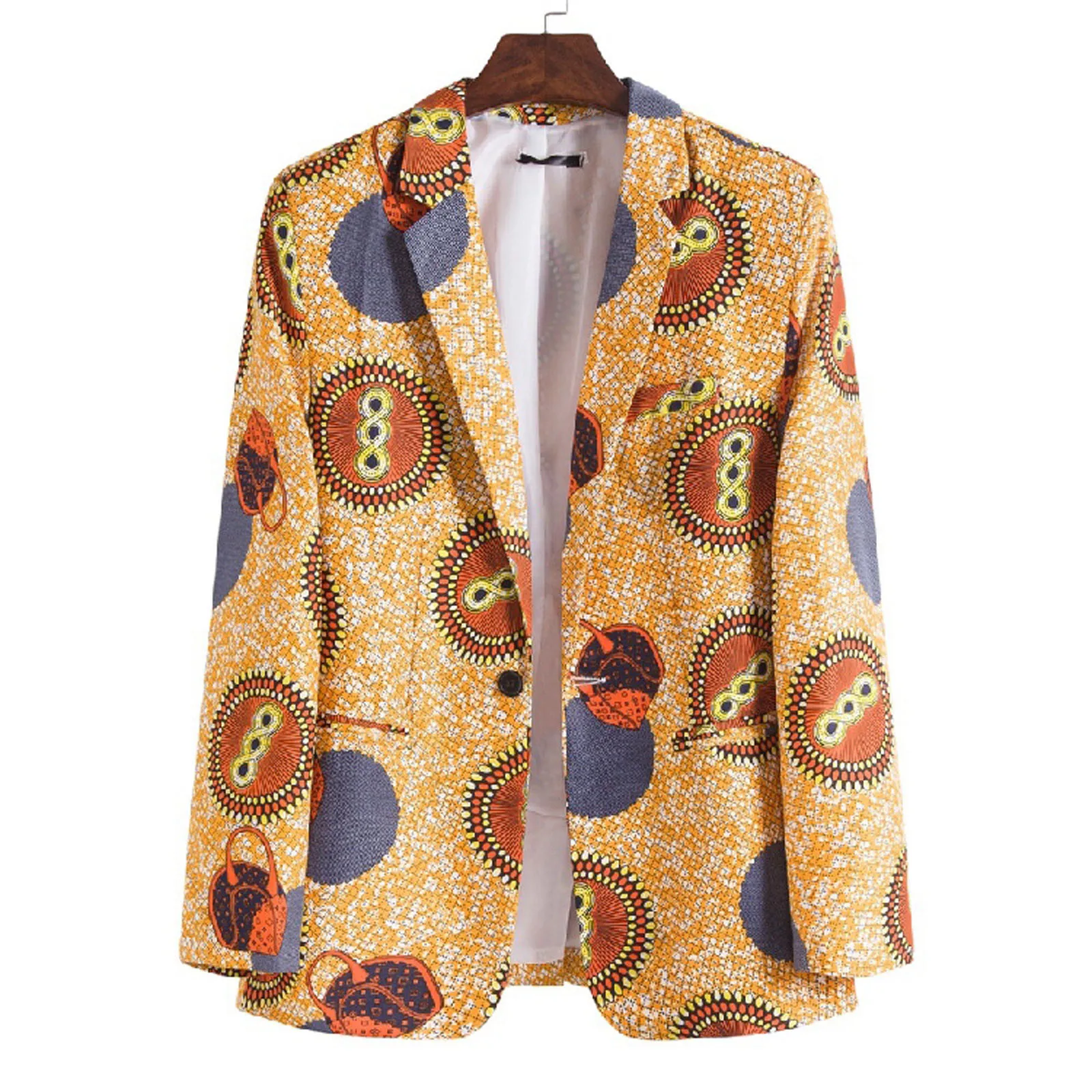 

Men's Casual Autumn Winter Outwear Lapel Long Sleeve Fashion Ethnic Yellow Printed Suit Coats Blouse