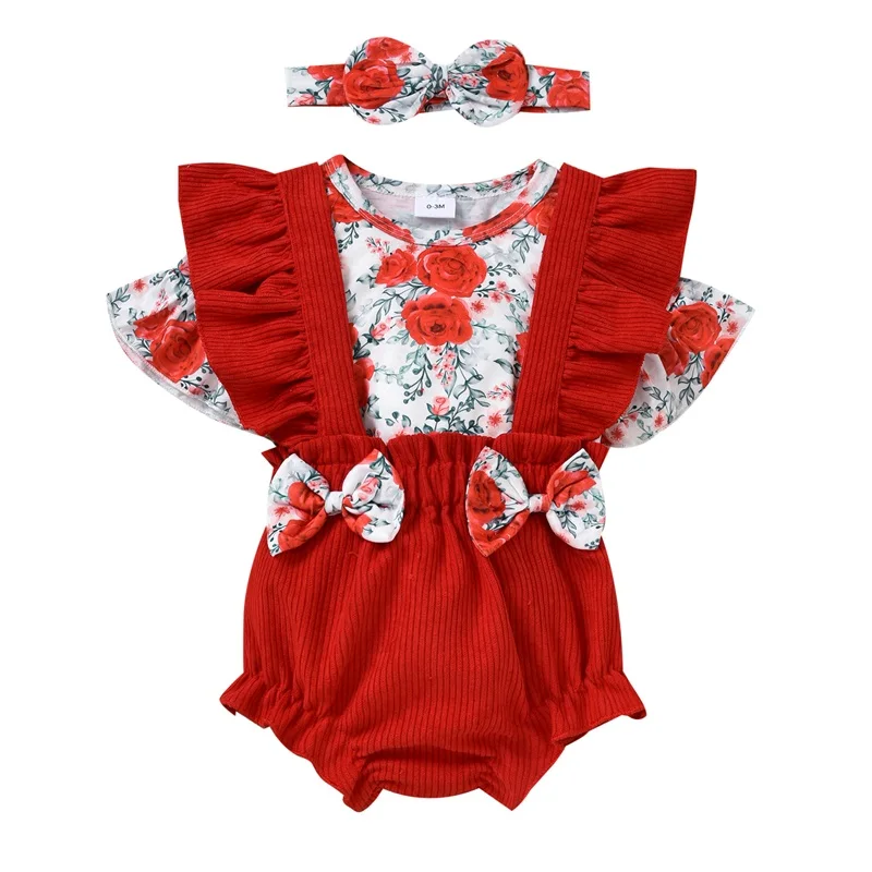 

Baby Girls 3 Pcs Clothes Sets, Flower Print Short Flared Sleeve T-shirt + Bowknots Decor Ruffle Suspender Shorts + Headband