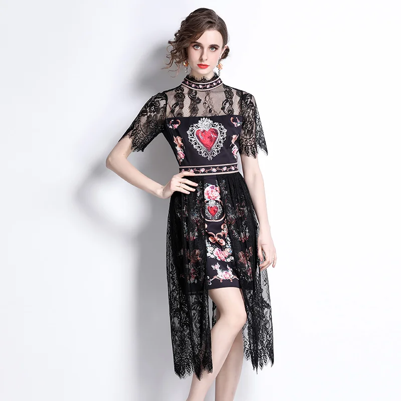 

Fashion Designer Runway Summer Dress 2022 Women Hearts Flower Print Short Sleeve Patchwork Lace Hollow Out Split White Vestidos