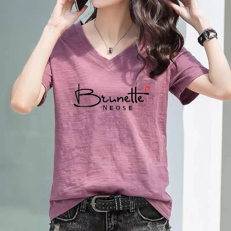 

Korean Version of Hot-selling Bamboo Cotton V-neck Women's Short-sleeved T-shirt New Half-sleeved Korean Loose T-shirt
