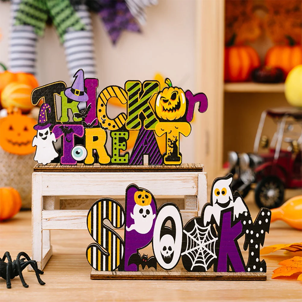 

2 Pcs Signs Halloween Ornaments Wooden Tabletop Decorations Desktop Party Supply Centerpiece