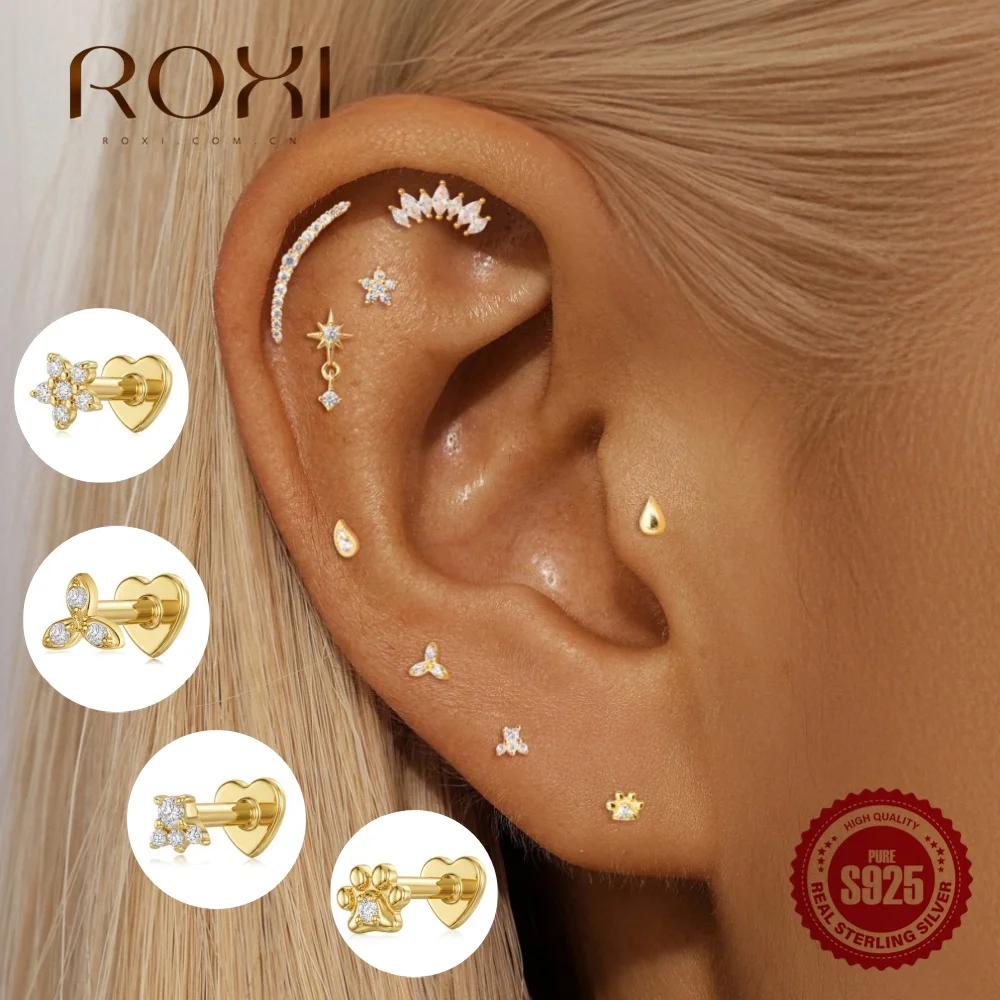 Фото Серьги-гвоздики ROXI, 1 шт., из стерлингового серебра 925 пробы, с плоским основанием в форме клевера, медвежьей лапы и сердца, роскошные женские украшения для повседневной носки, подарок на свидание №1