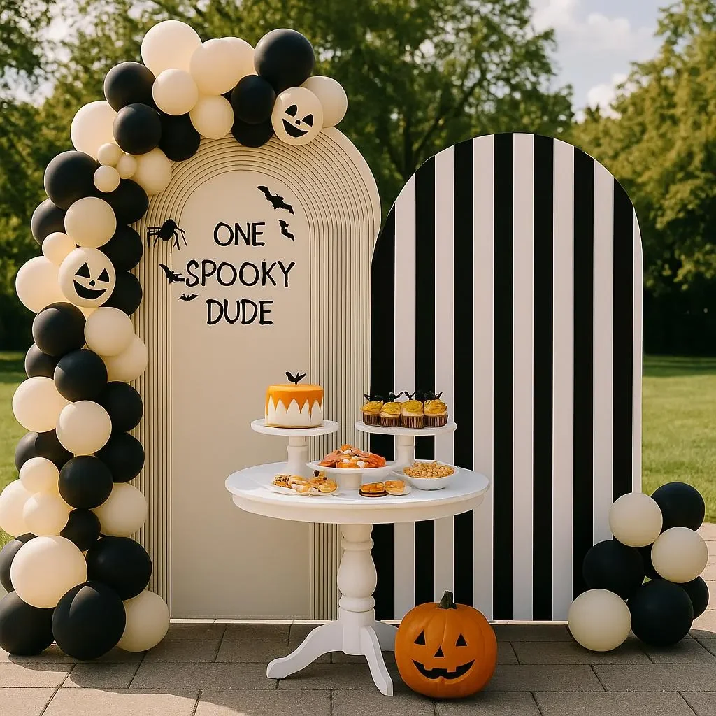 Фото Фон для фотостудии Mocsicka One Spooky Dude: арка для детского праздника, черно-белые полосы, Хэллоуин, первый день рождения мальчика №1