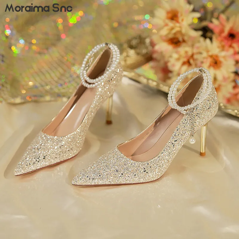 Sequin Pearl Chain Wedding Shoes Stiletto Heel Glitter Vamp Pointy Temperament Women's Pumps Fashion Banquet Luxury High Heels