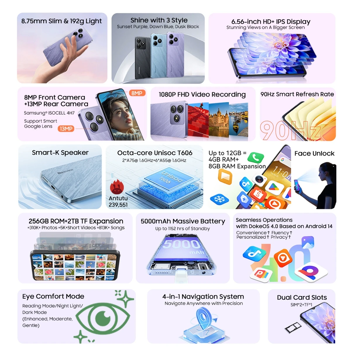 Смартфон Blackview Wave 8 6 56 дюйма 4 ГБ + 128 / 256 Unisoc T606 восьмиядерный процессор аккумулятор